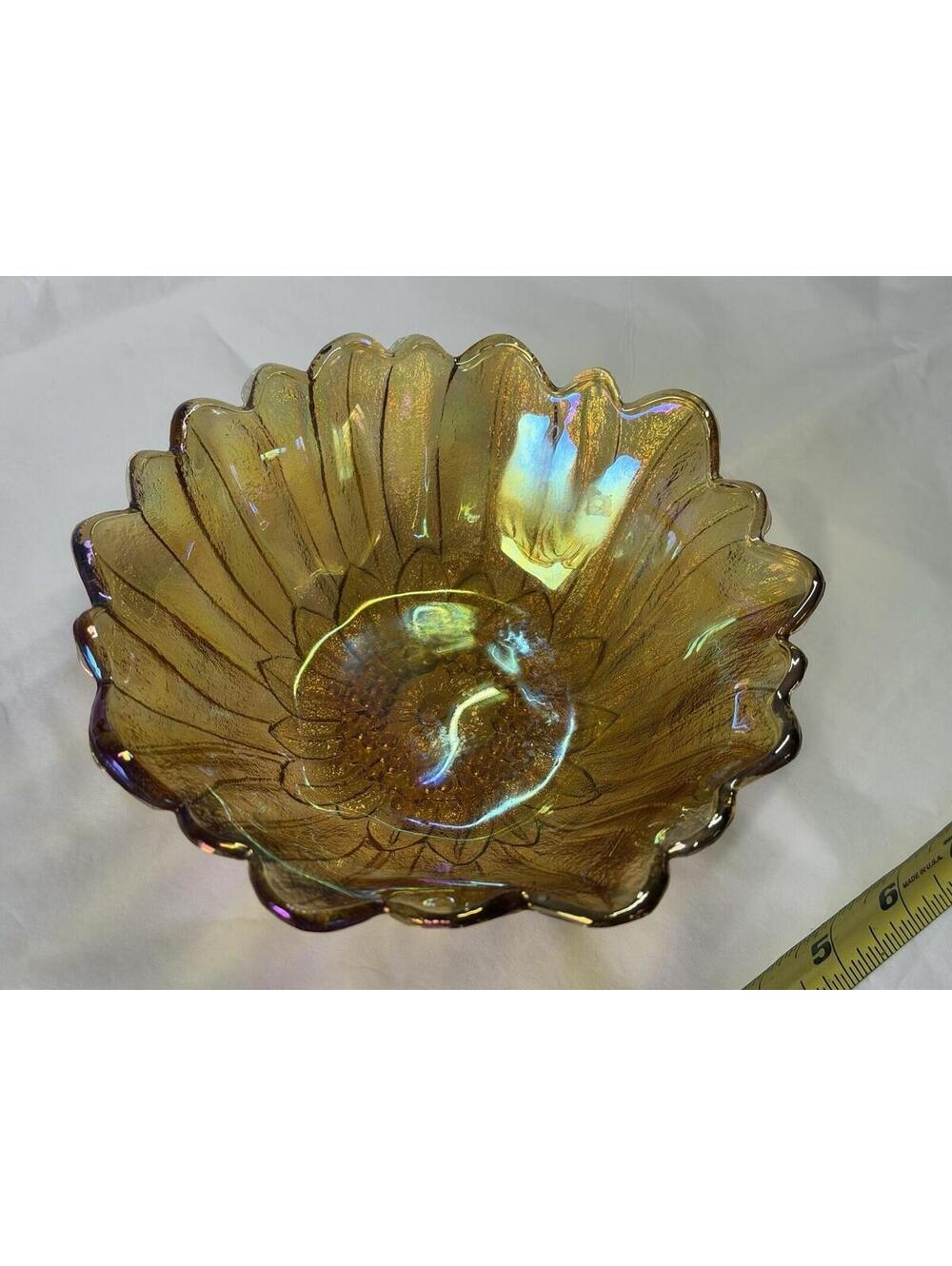Vintage Marigold Carnival Glass Sunflower Bowl Scalloped Edge Iridescent 8”